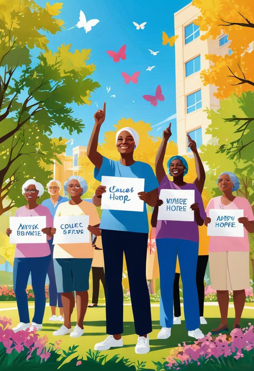 A powerful illustration depicting a diverse group of empowered cancer survivors holding signs of advocacy, standing together in a sunlit park, with symbolic elements like butterflies and blooming flowers representing hope and resilience. The background includes a hospital building subtly showcased to represent the oncology theme. The mood is uplifting with vibrant colors and a sense of community. vector art. vibrant colors. sunny atmosphere.
