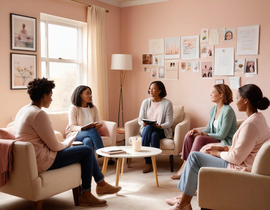 A hopeful scene featuring a diverse group of individuals sitting together in a support group, sharing resources and experiences about cancer. The background showcases a warm, inviting room filled with cancer awareness posters and informative materials. Soft natural lighting illuminates the space, symbolizing hope and resilience. Personal items like journals and pamphlets are scattered around, emphasizing the theme of support and guidance. serene and uplifting. soft colors. harmonious atmosphere.