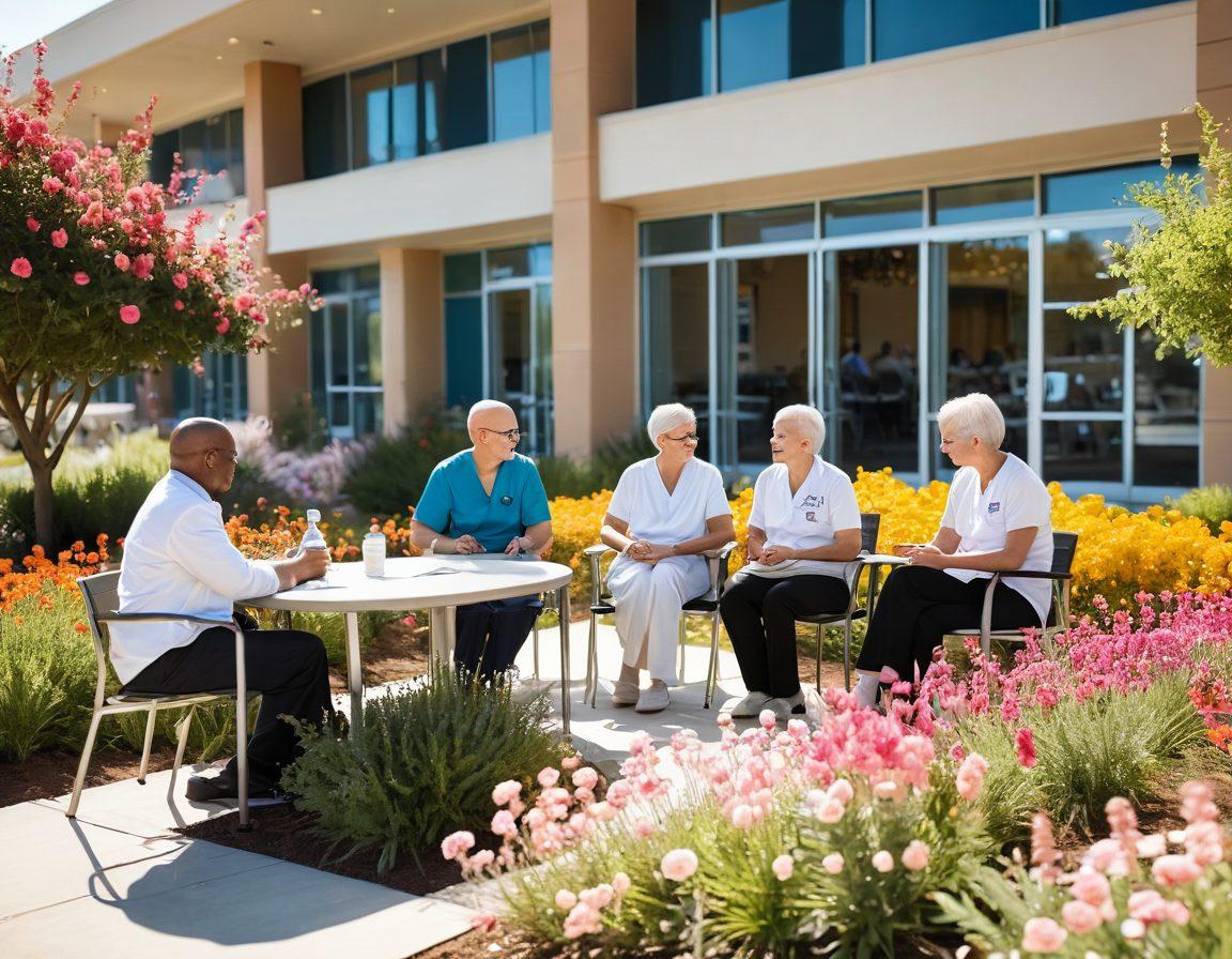 A bright, hopeful landscape featuring a diverse group of cancer patients engaging in a supportive group discussion, surrounded by blooming flowers and soft sunlight. In the background, a hospital with a welcoming facade symbolizes advanced treatment options, while research visuals like DNA strands and lab equipment are subtly integrated. The scene conveys empowerment, strength, and community in overcoming cancer. vibrant colors. super-realistic.